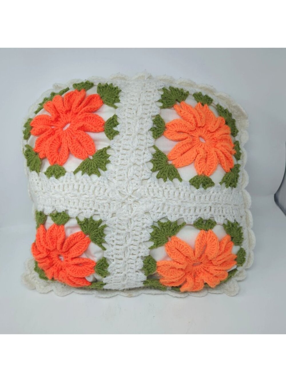 Crochet Pillow Square White Cottagecore Floral Hand - Picture 1 of 6